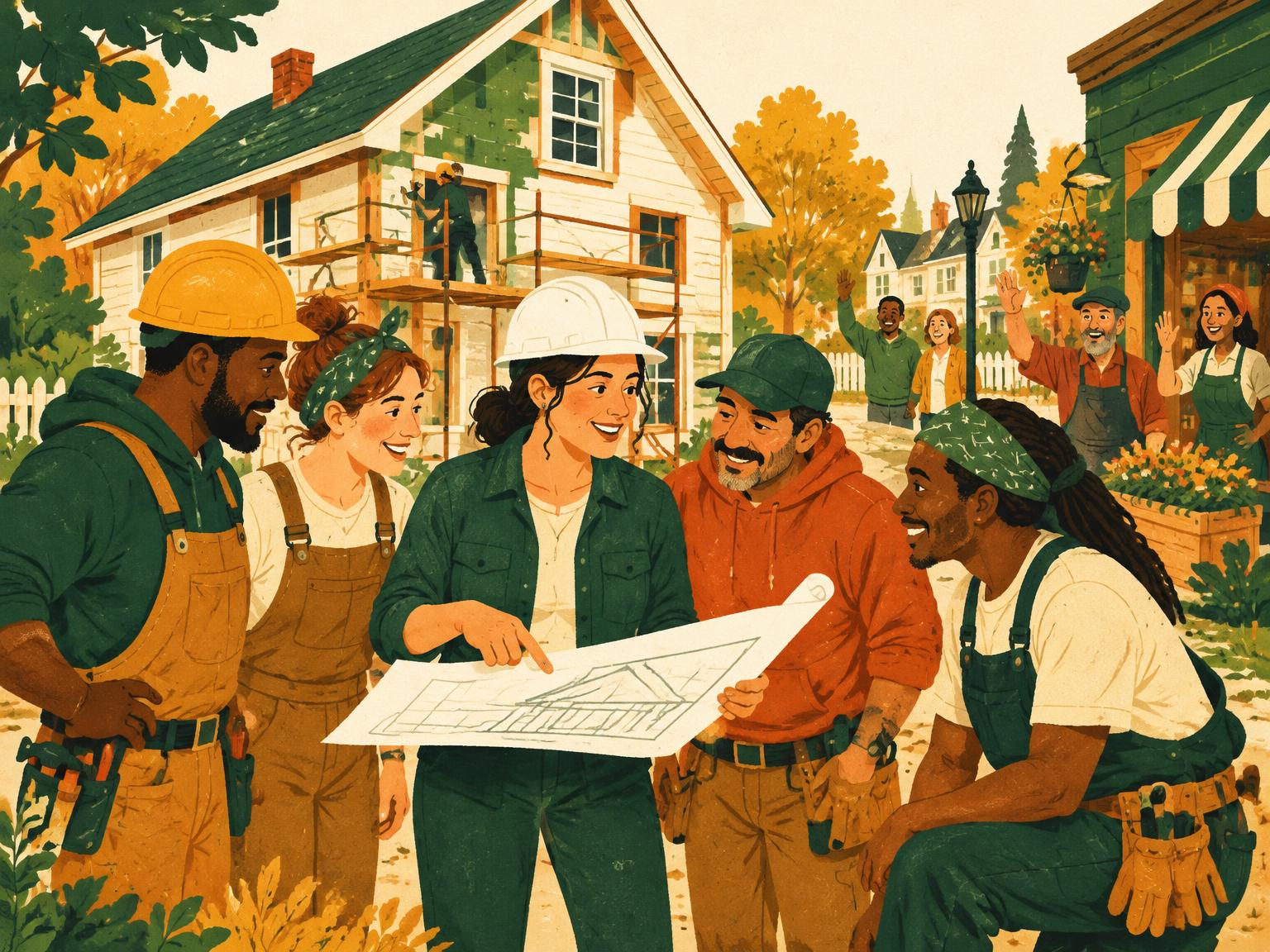 Illustration of a contractor reviewing plans with her crew while neighbors wave